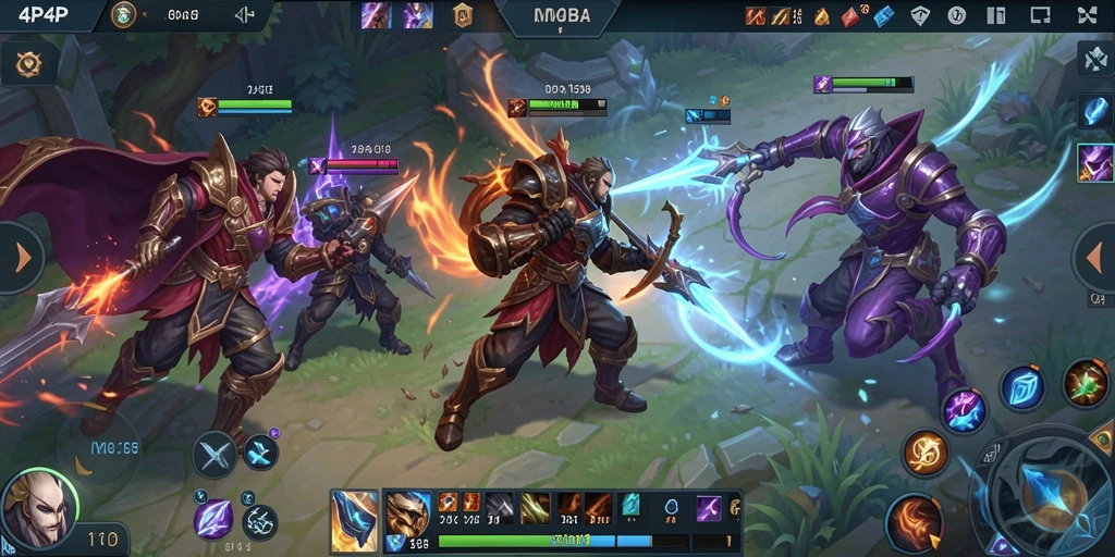 Screenshot gameplay 4P4P dengan pertarungan seru di arena MOBA.