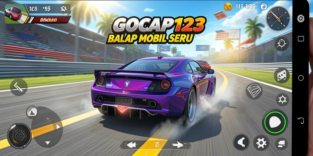 Screenshot GOCAP123 yang menampilkan balapan intens dan mobil yang keren.