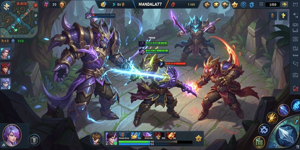 Screenshot gameplay MANDALA77 menampilkan pertarungan tim yang intens.
